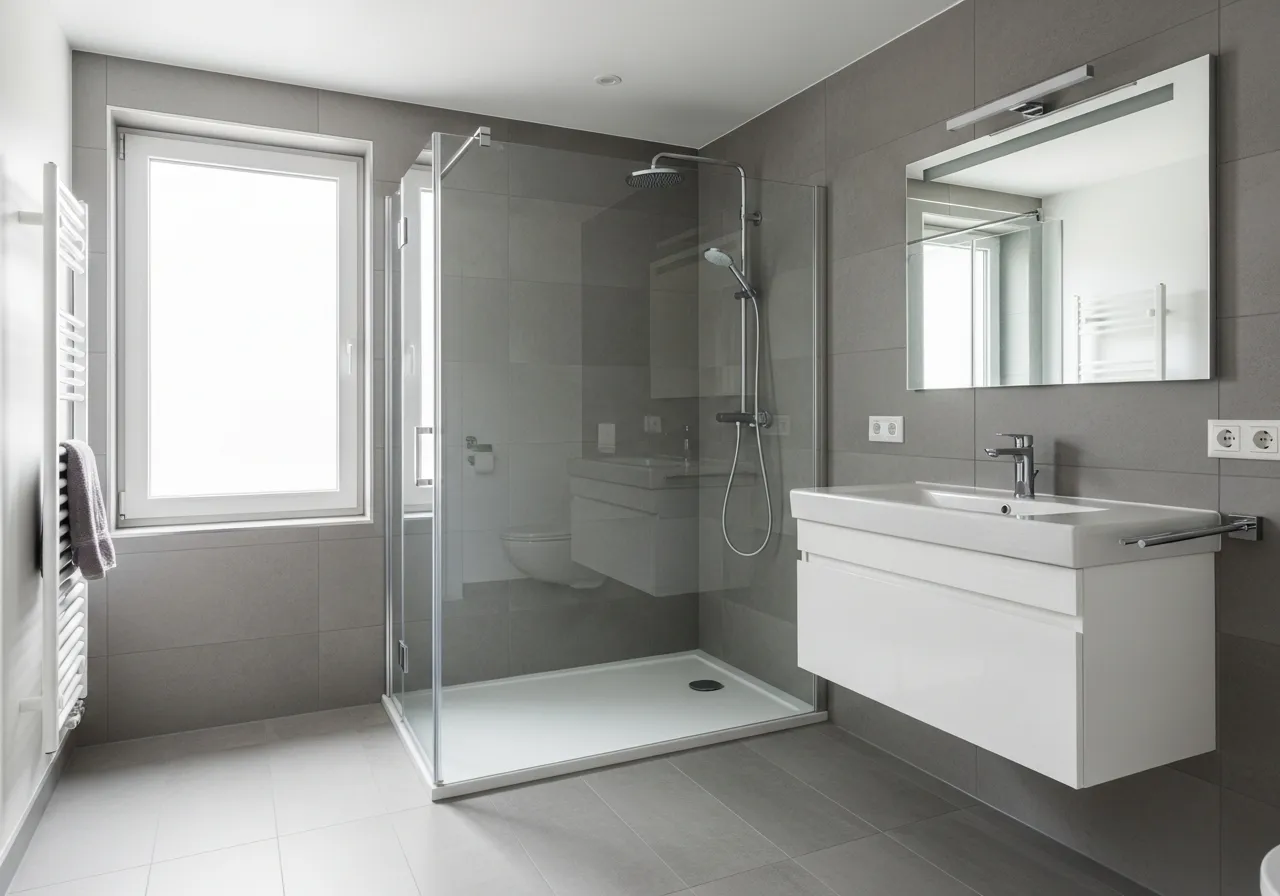 A newly renovated bathroom with walk-in shower